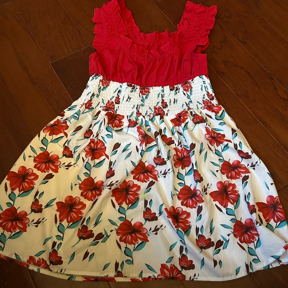 Source Unknown Red Bodice White Skirt Floral Mini Dress